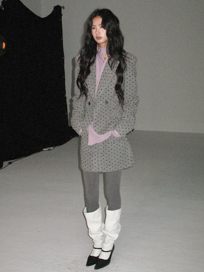 lvetong Grey Polka Dot Notch Lapel Cinched Waist Long Sleeve Women&
