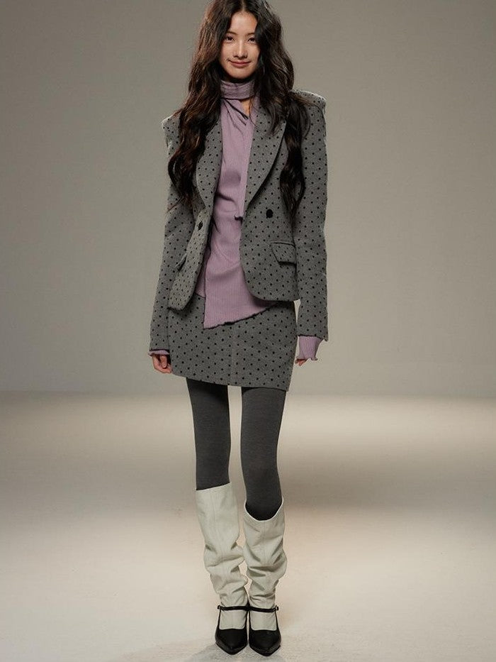 lvetong Grey Polka Dot Notch Lapel Cinched Waist Long Sleeve Women&