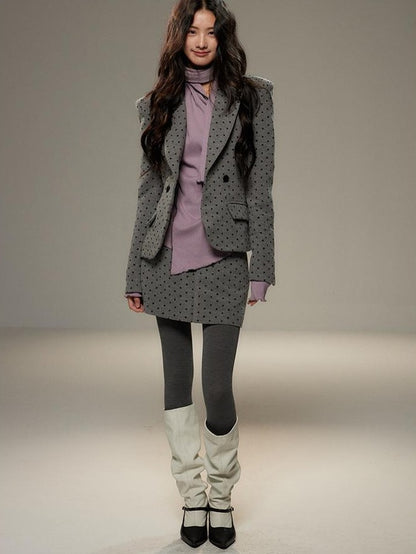 lvetong Grey Polka Dot Notch Lapel Cinched Waist Long Sleeve Women&
