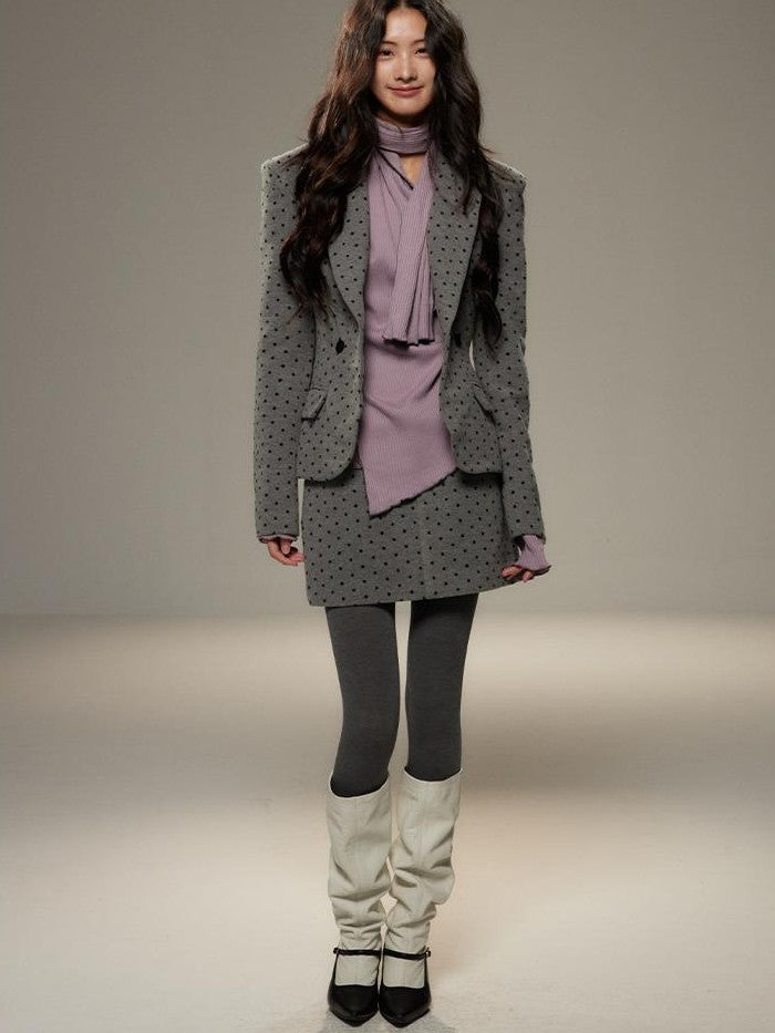 lvetong Grey Polka Dot Notch Lapel Cinched Waist Long Sleeve Women&
