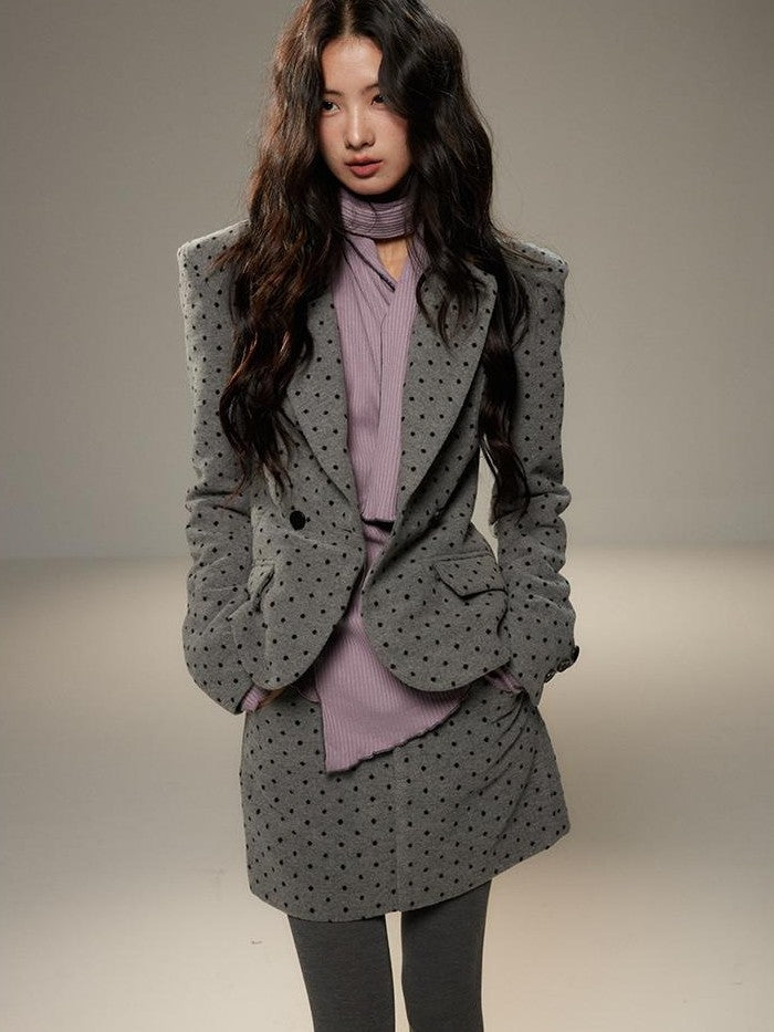 lvetong Grey Polka Dot Notch Lapel Cinched Waist Long Sleeve Women&