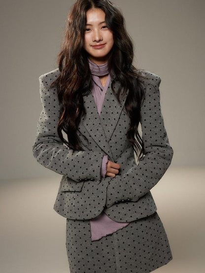 lvetong Grey Polka Dot Notch Lapel Cinched Waist Long Sleeve Women&