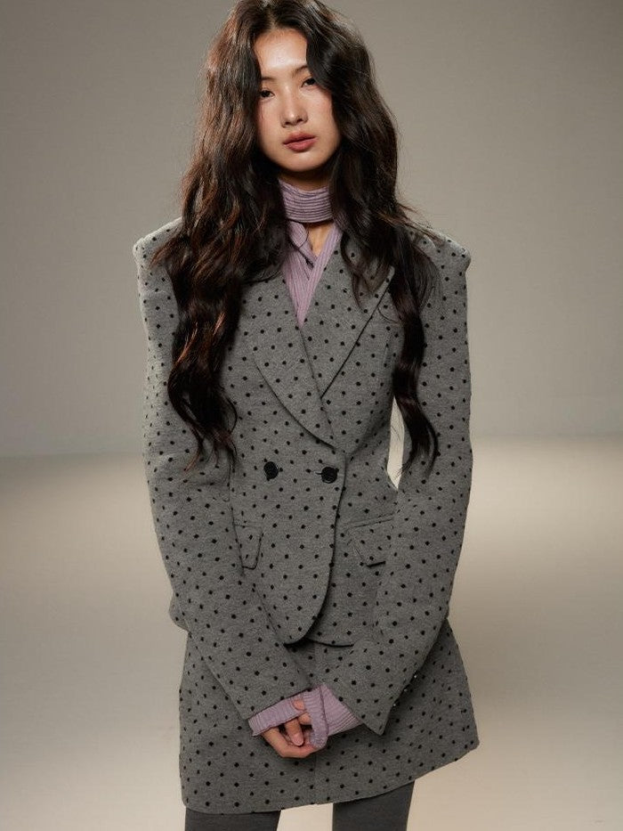 lvetong Grey Polka Dot Notch Lapel Cinched Waist Long Sleeve Women&