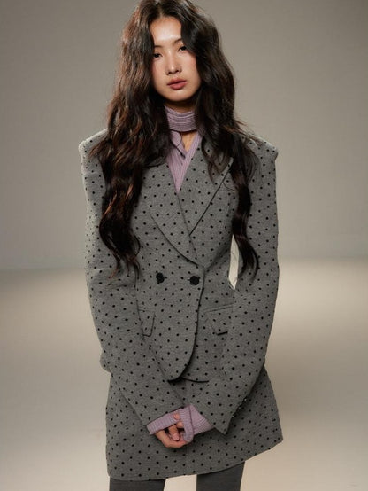 lvetong Grey Polka Dot Notch Lapel Cinched Waist Long Sleeve Women&