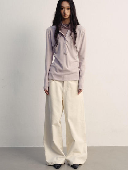 lvetong High Neck Patchwork Fake Layer Loose Street Womens Purple Long Sleeve T-Shirts