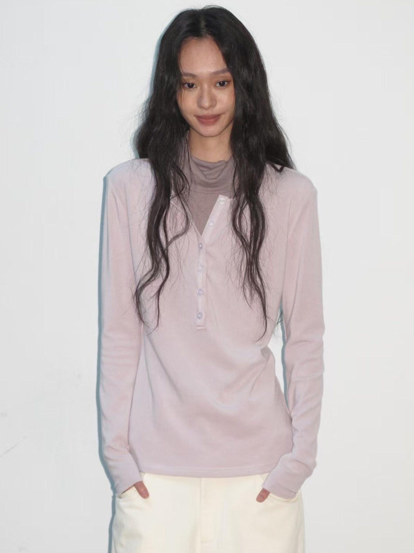 lvetong High Neck Patchwork Fake Layer Loose Street Womens Purple Long Sleeve T-Shirts