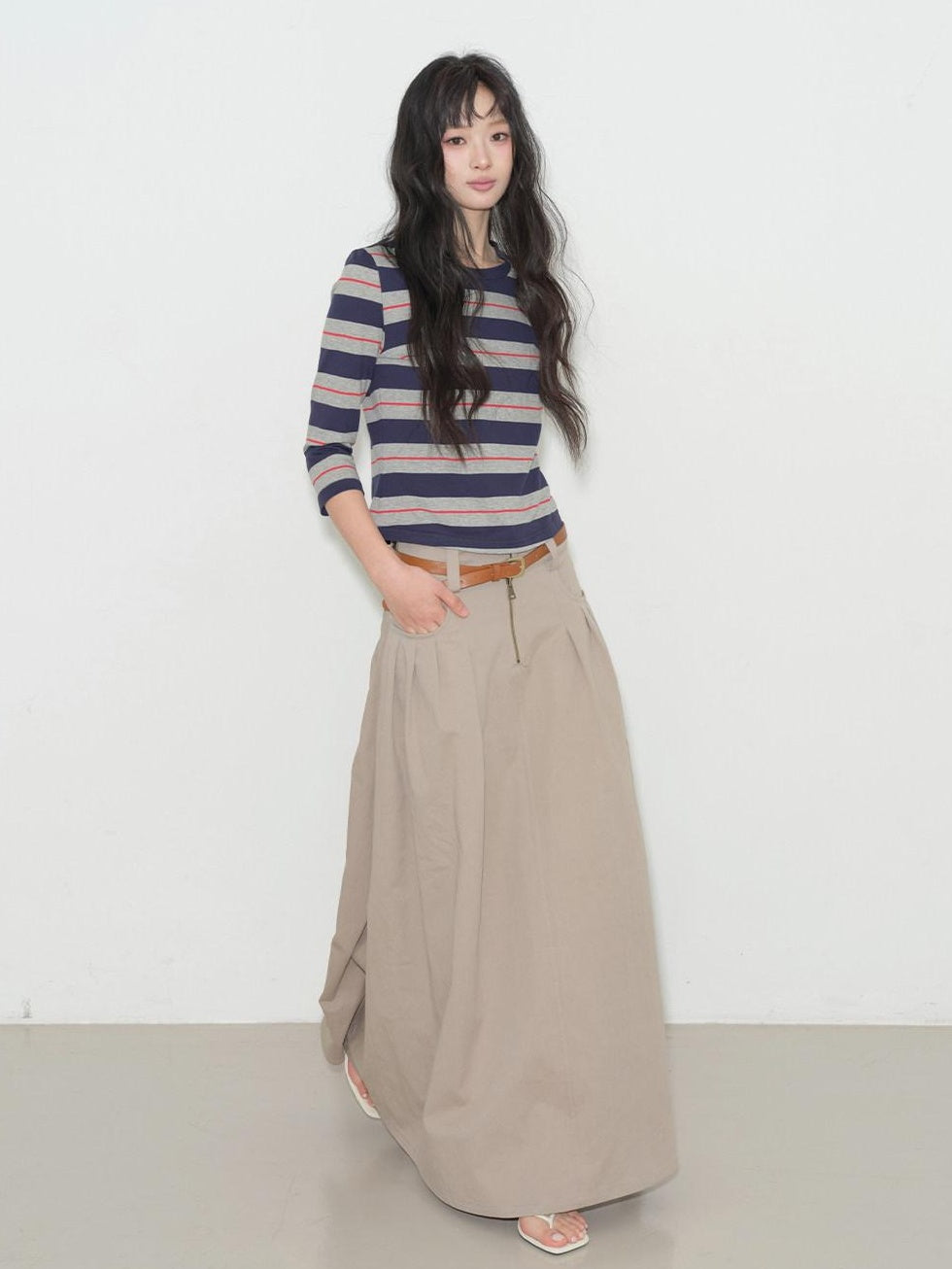 lvetong High Waist Pleated A Line Khaki Cotton Blend Casual Women Maxi Skirts
