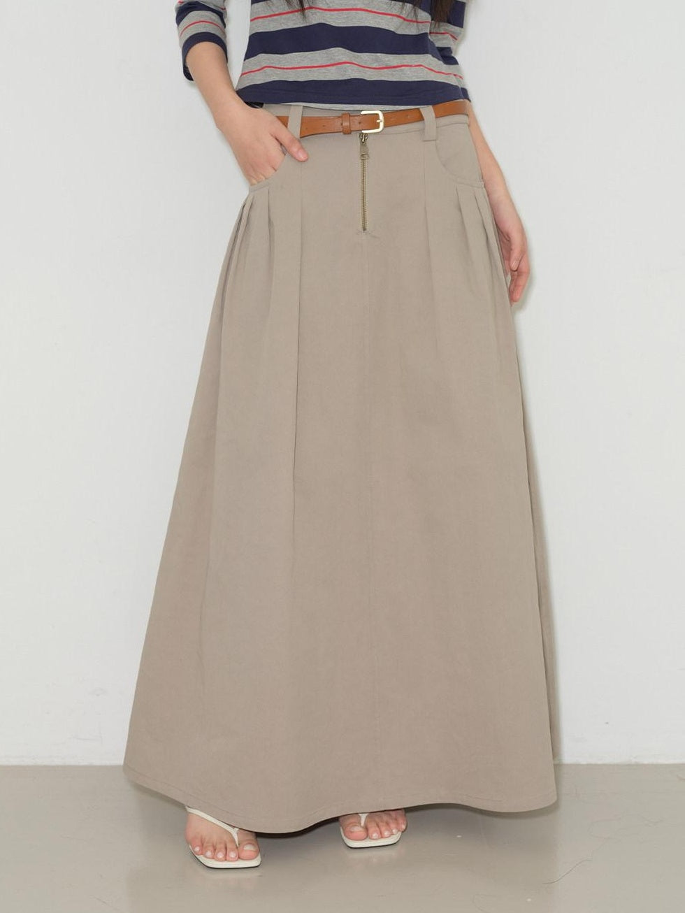 lvetong High Waist Pleated A Line Khaki Cotton Blend Casual Women Maxi Skirts