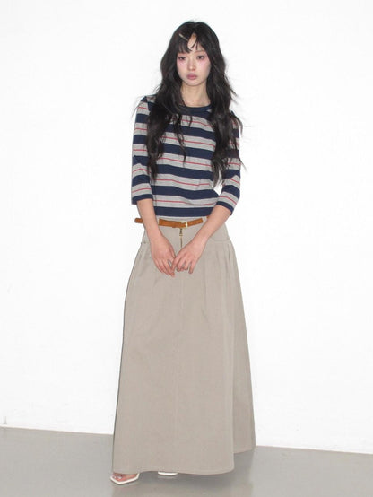 lvetong High Waist Pleated A Line Khaki Cotton Blend Casual Women Maxi Skirts