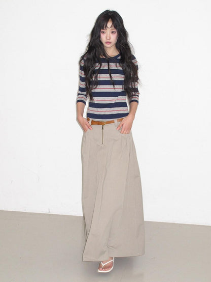 lvetong High Waist Pleated A Line Khaki Cotton Blend Casual Women Maxi Skirts
