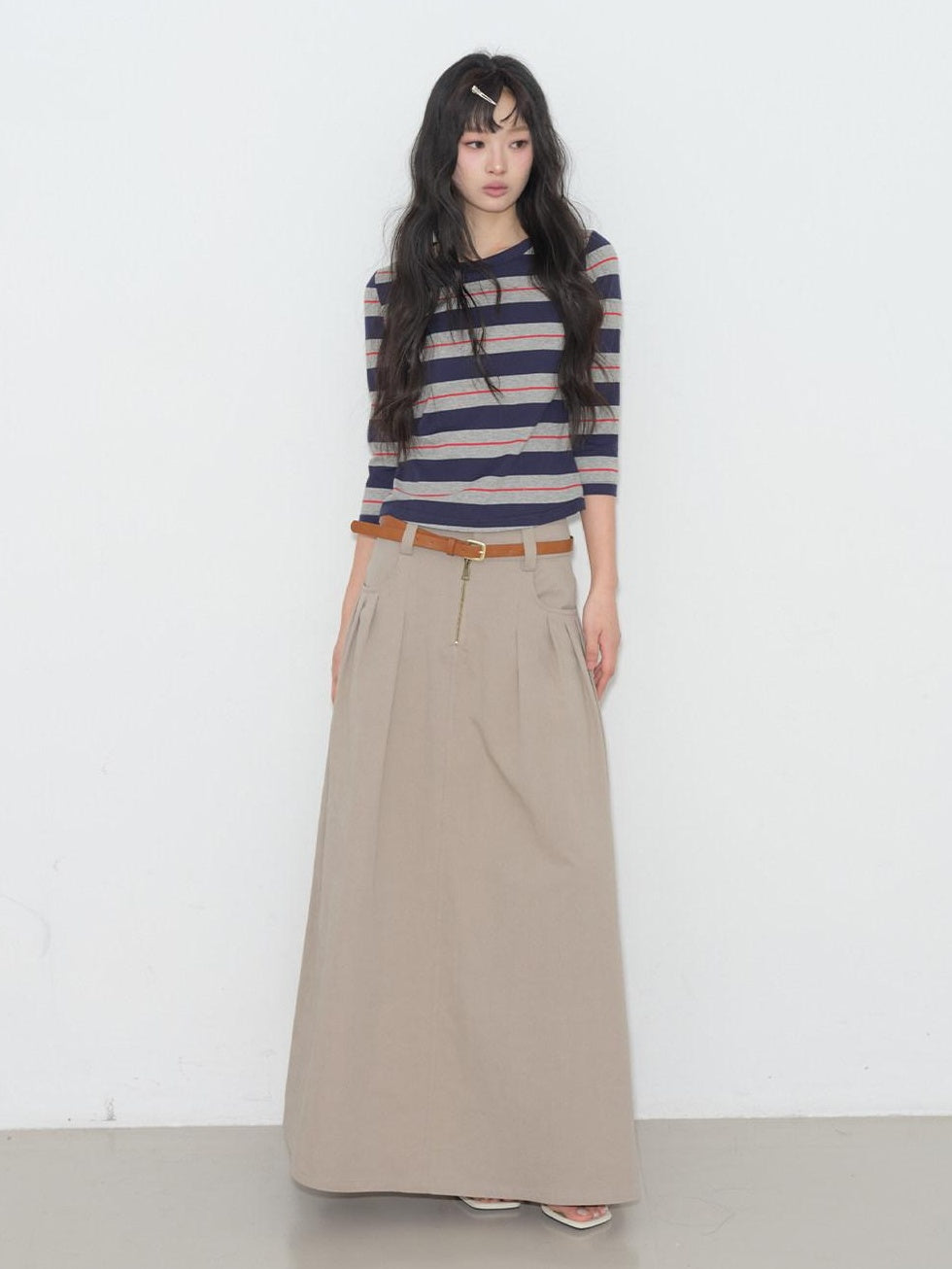 lvetong High Waist Pleated A Line Khaki Cotton Blend Casual Women Maxi Skirts
