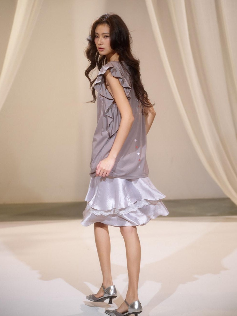 lvetong High Waist Vintage Ruffle A Line Lyocell Women Casual Silver Midi Skirts