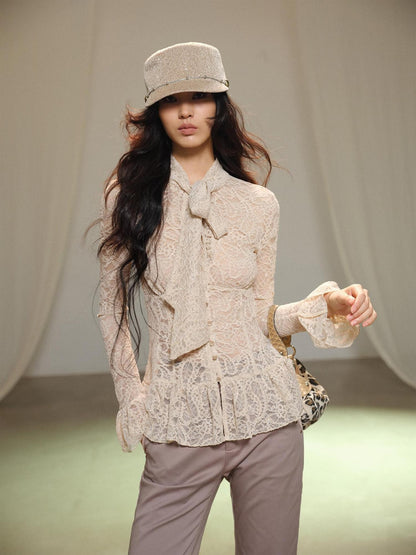 lvetong Hollow Out Bow Tie Long Sleeve Slim Fit Solid Women&