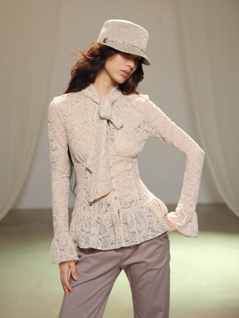 lvetong Hollow Out Bow Tie Long Sleeve Slim Fit Solid Women&