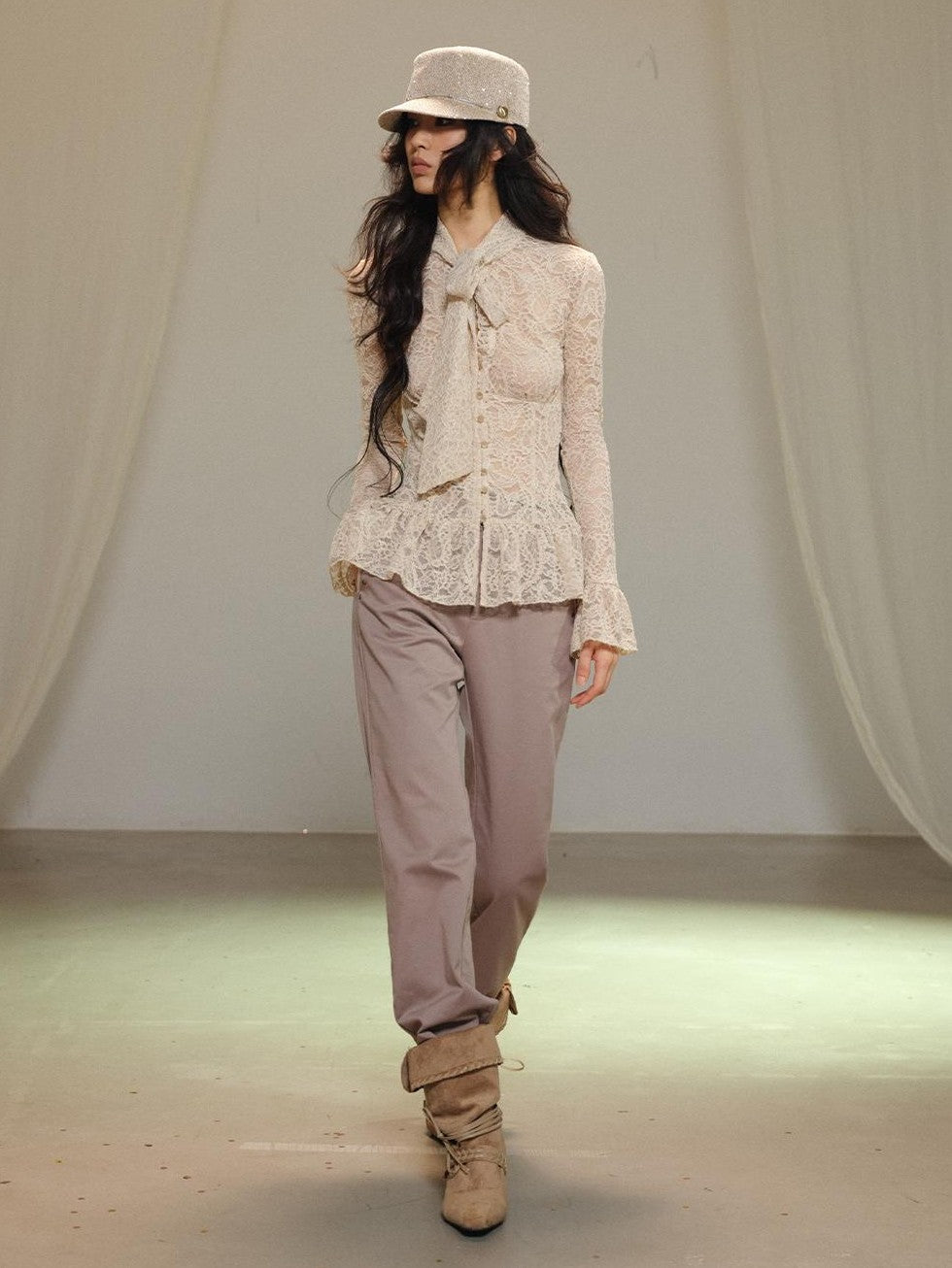 lvetong Hollow Out Bow Tie Long Sleeve Slim Fit Solid Women&