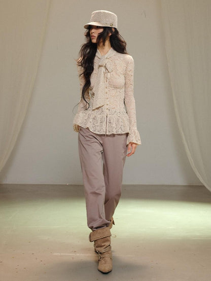 lvetong Hollow Out Bow Tie Long Sleeve Slim Fit Solid Women&
