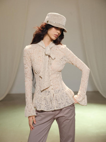 lvetong Hollow Out Bow Tie Long Sleeve Slim Fit Solid Women&