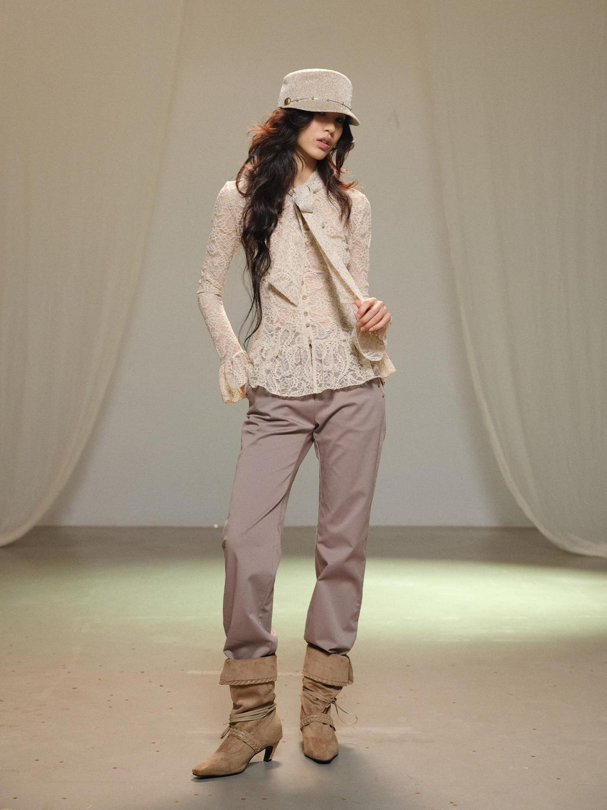 lvetong Hollow Out Bow Tie Long Sleeve Slim Fit Solid Women&