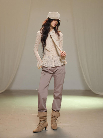 lvetong Hollow Out Bow Tie Long Sleeve Slim Fit Solid Women&