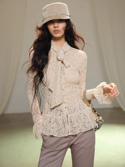 lvetong Hollow Out Bow Tie Long Sleeve Slim Fit Solid Women&