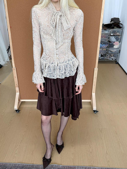 lvetong Hollow Out Bow Tie Long Sleeve Slim Fit Solid Women&