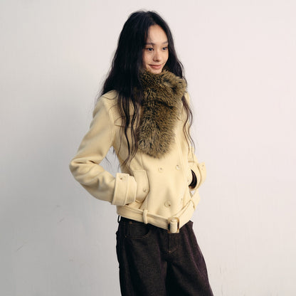 lvetong Insulated Wool Blend Fur Collar Cropped Long Sleeve Casual Yellow Short Coats