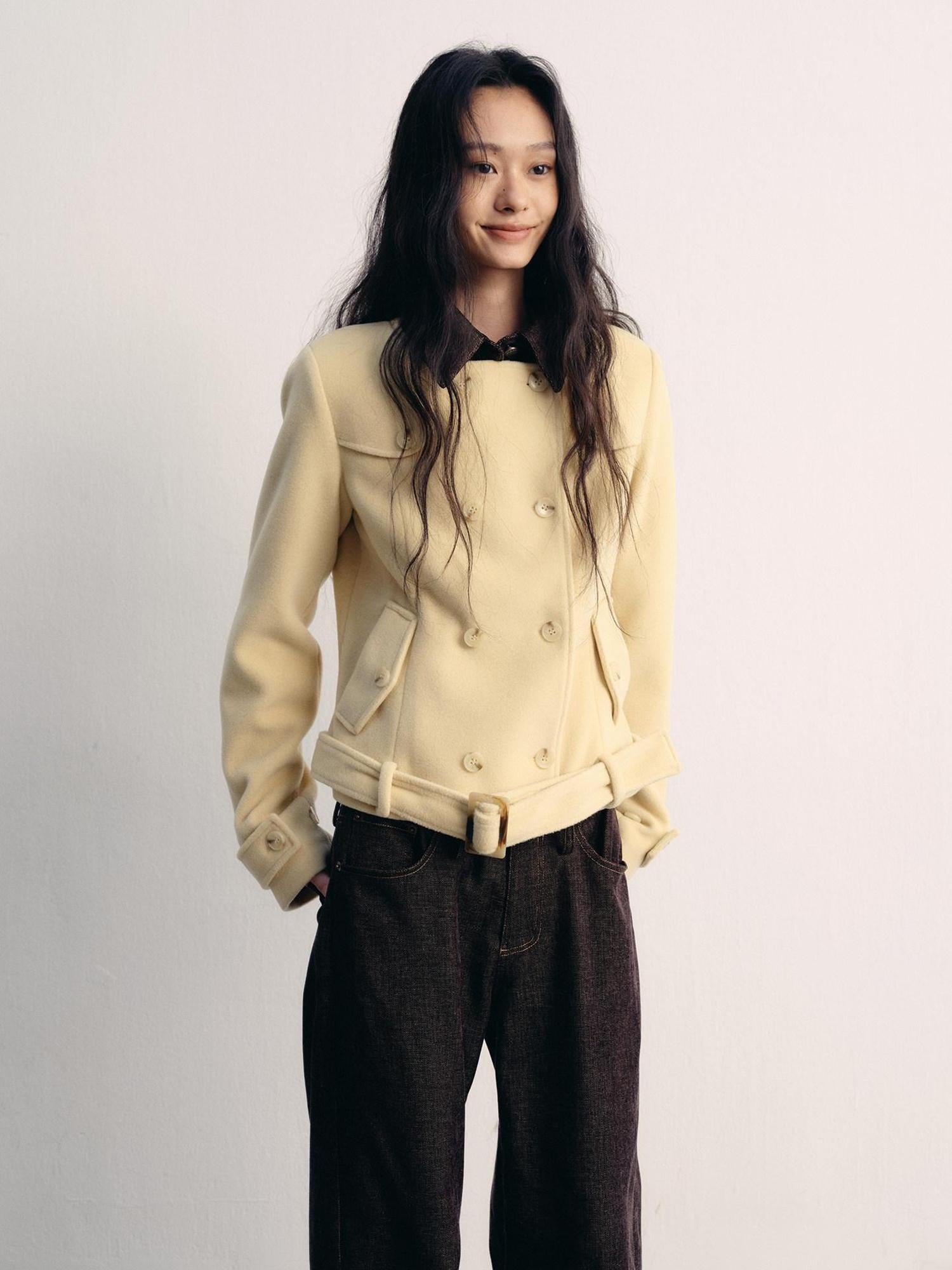 lvetong Insulated Wool Blend Fur Collar Cropped Long Sleeve Casual Yellow Short Coats