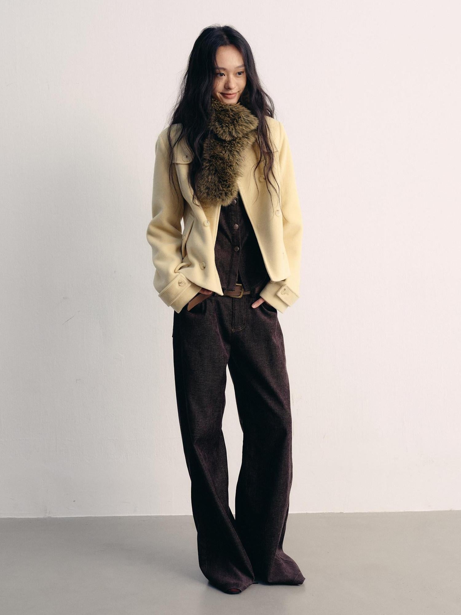 lvetong Insulated Wool Blend Fur Collar Cropped Long Sleeve Casual Yellow Short Coats