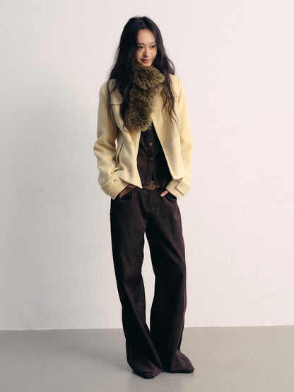 lvetong Insulated Wool Blend Fur Collar Cropped Long Sleeve Casual Yellow Short Coats