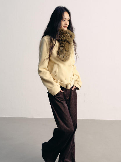 lvetong Insulated Wool Blend Fur Collar Cropped Long Sleeve Casual Yellow Short Coats