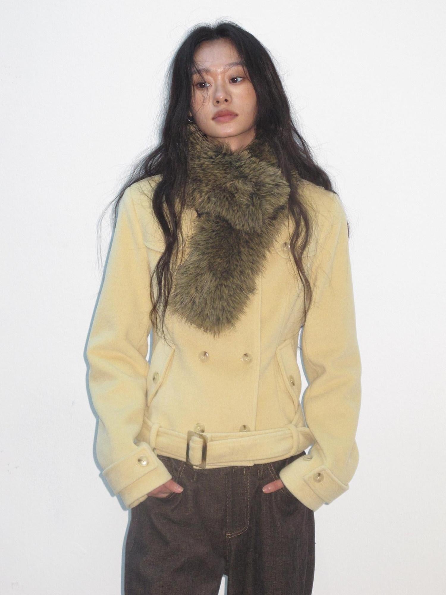 lvetong Insulated Wool Blend Fur Collar Cropped Long Sleeve Casual Yellow Short Coats