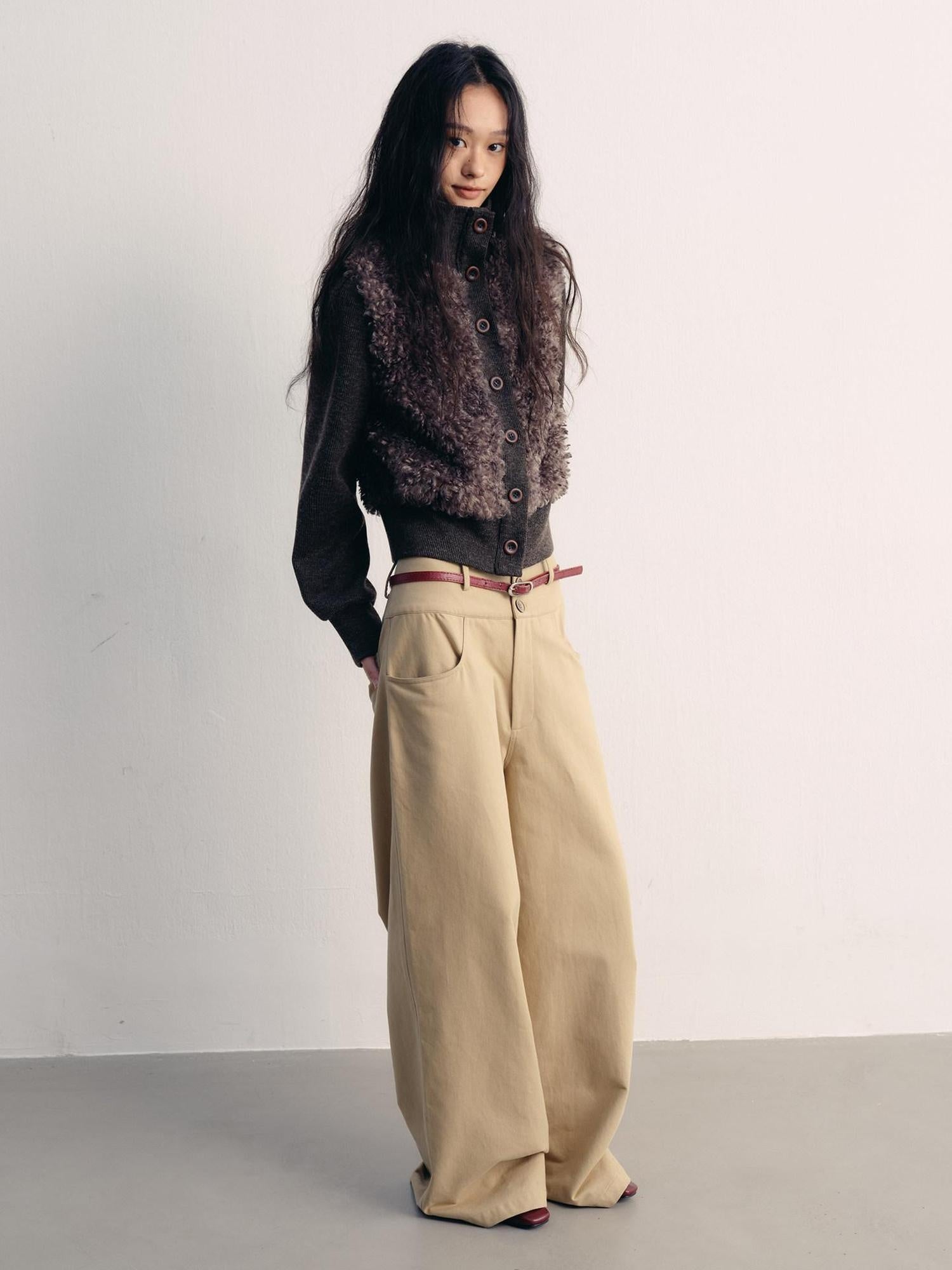 lvetong Khaki Cotton Zip Front Natural Waist Street Sporty Straight Wide-Leg Pants