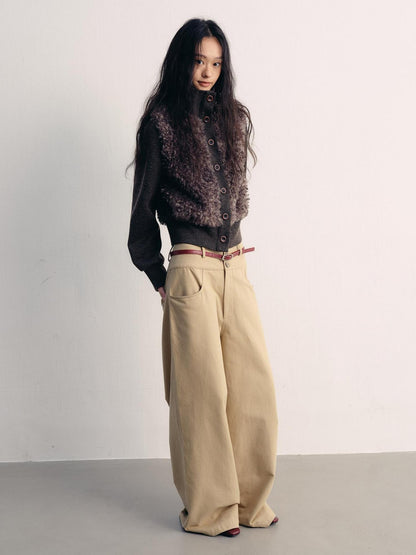 lvetong Khaki Cotton Zip Front Natural Waist Street Sporty Straight Wide-Leg Pants