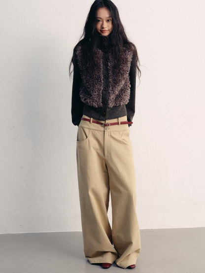 lvetong Khaki Cotton Zip Front Natural Waist Street Sporty Straight Wide-Leg Pants