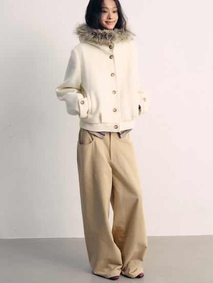 lvetong Khaki Cotton Zip Front Natural Waist Street Sporty Straight Wide-Leg Pants