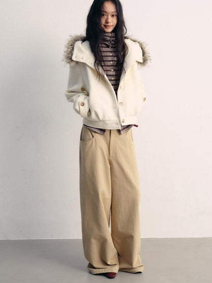 lvetong Khaki Cotton Zip Front Natural Waist Street Sporty Straight Wide-Leg Pants