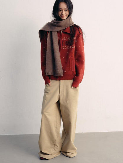 lvetong Khaki Cotton Zip Front Natural Waist Street Sporty Straight Wide-Leg Pants