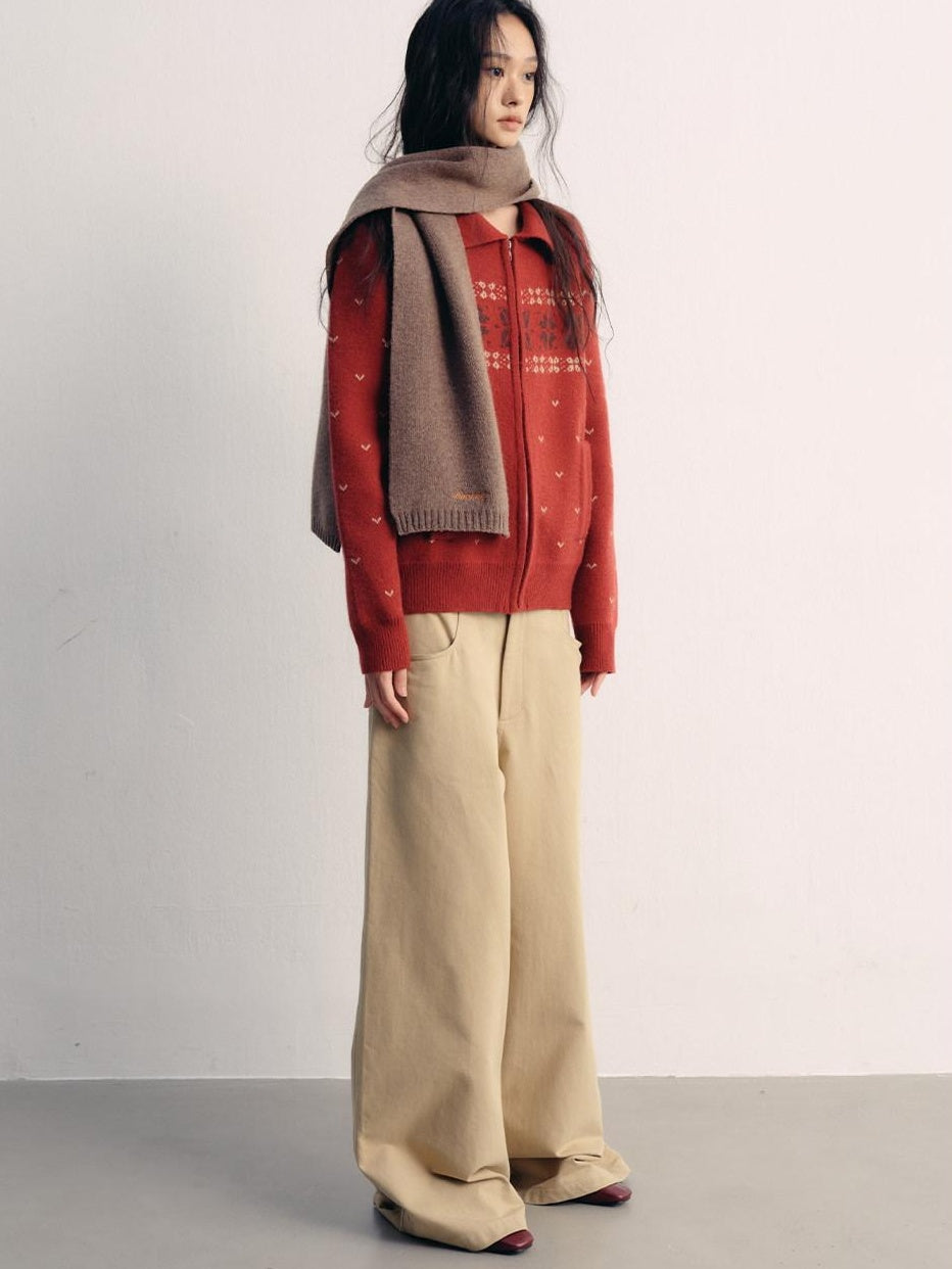 lvetong Khaki Cotton Zip Front Natural Waist Street Sporty Straight Wide-Leg Pants