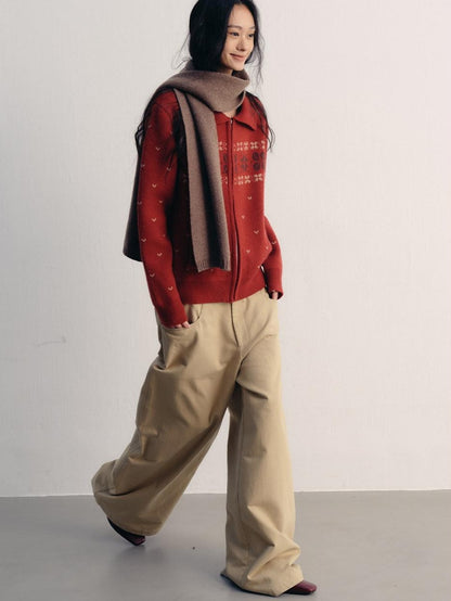 lvetong Khaki Cotton Zip Front Natural Waist Street Sporty Straight Wide-Leg Pants