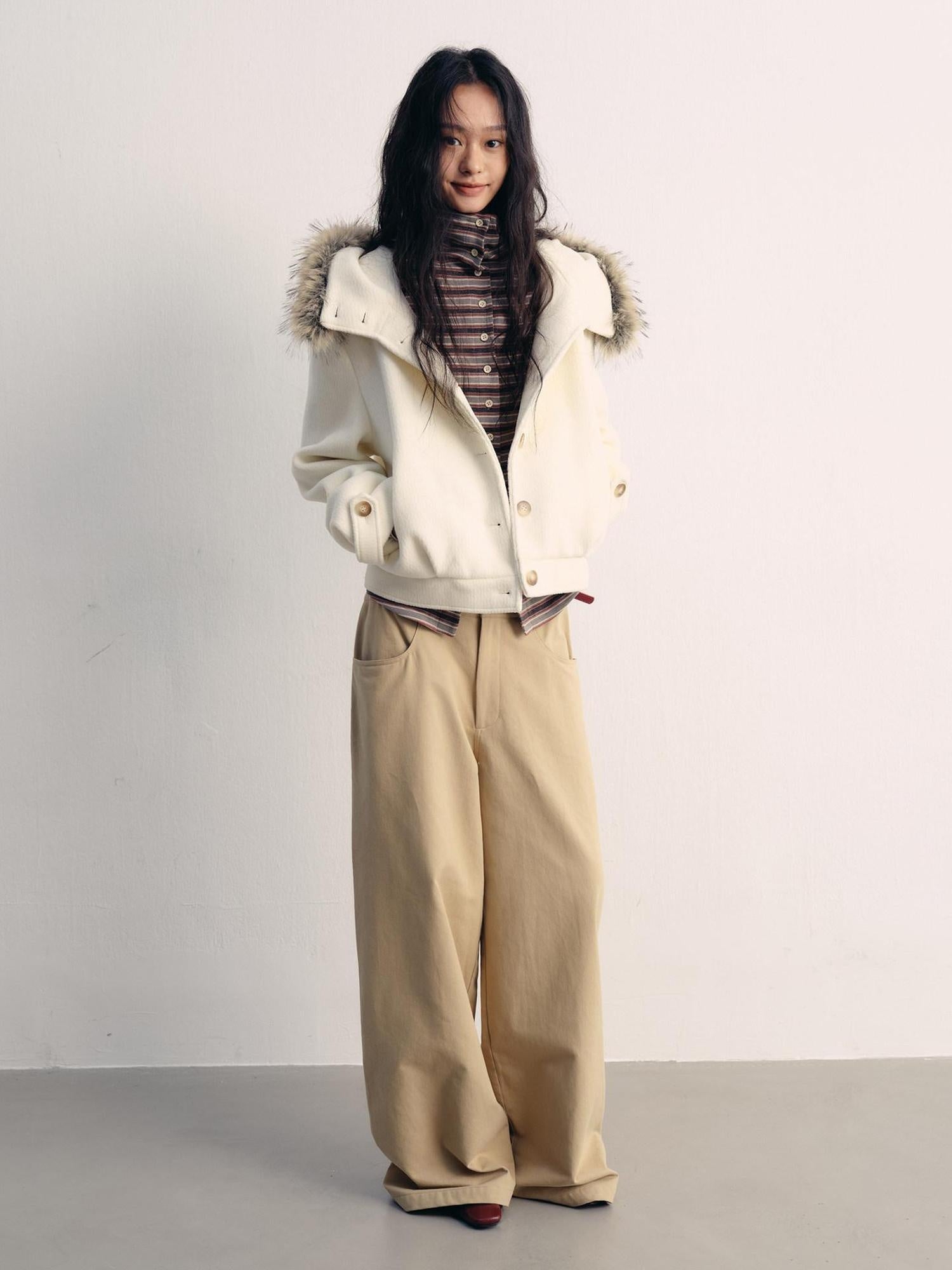 lvetong Khaki Cotton Zip Front Natural Waist Street Sporty Straight Wide-Leg Pants