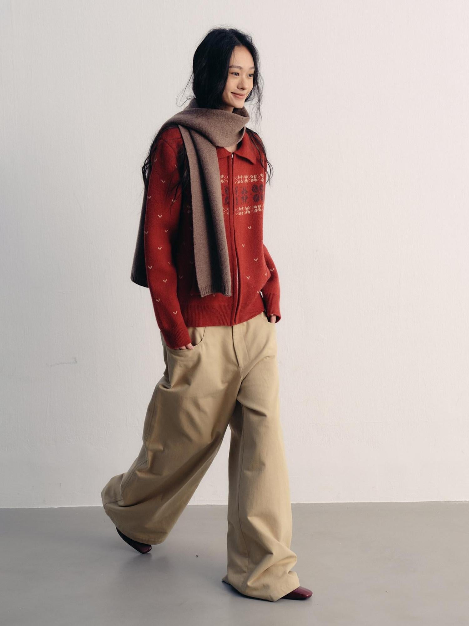 lvetong Khaki Cotton Zip Front Natural Waist Street Sporty Straight Wide-Leg Pants