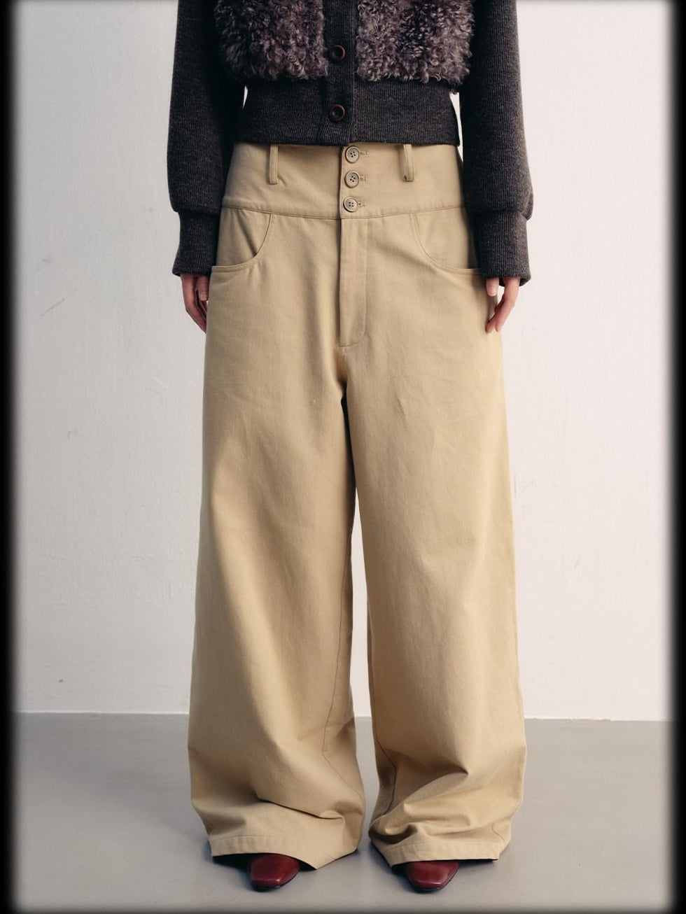lvetong Khaki Cotton Zip Front Natural Waist Street Sporty Straight Wide-Leg Pants