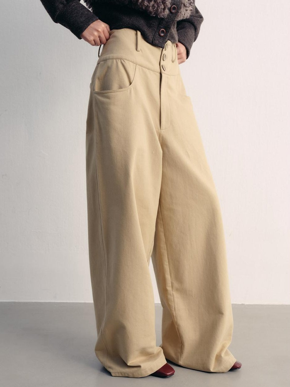lvetong Khaki Cotton Zip Front Natural Waist Street Sporty Straight Wide-Leg Pants