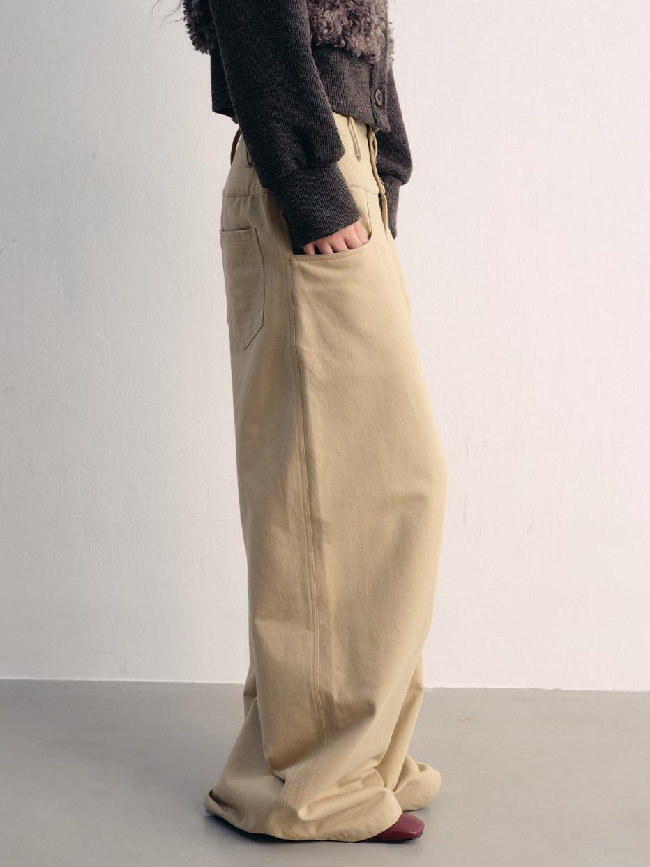 lvetong Khaki Cotton Zip Front Natural Waist Street Sporty Straight Wide-Leg Pants