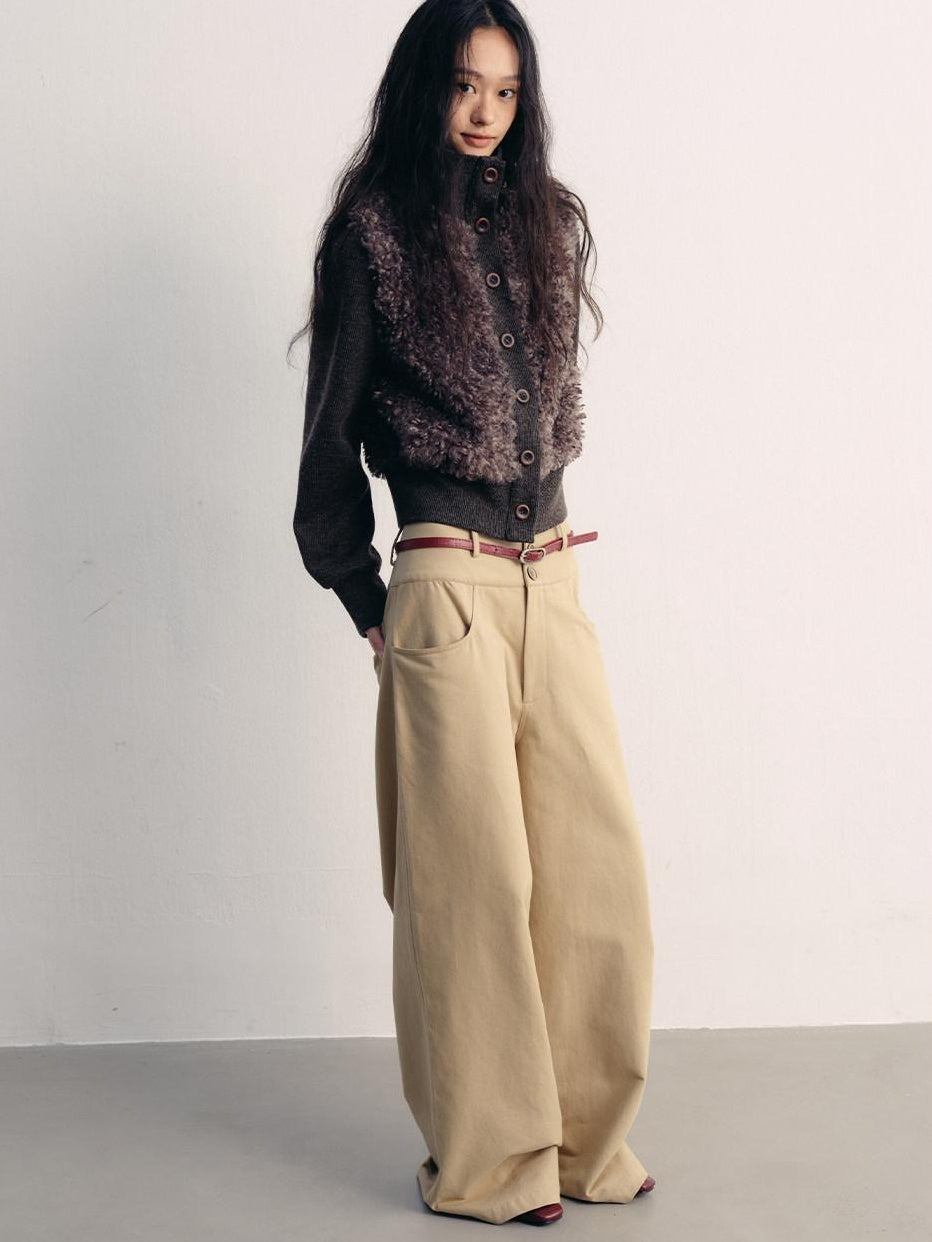 lvetong Khaki Cotton Zip Front Natural Waist Street Sporty Straight Wide-Leg Pants