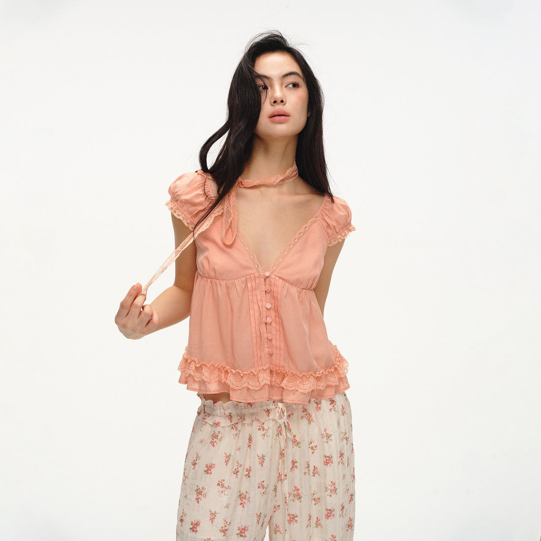 lvetong_Lace_Bow_Tie_V-neck_Puff_Sleeve_Peach_Pink_Women&