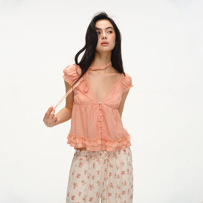 lvetong_Lace_Bow_Tie_V-neck_Puff_Sleeve_Peach_Pink_Women&