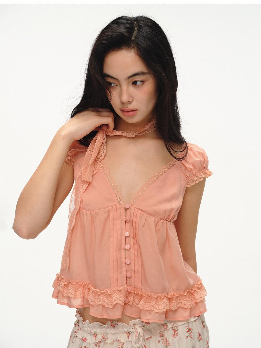 lvetong Lace Bow Tie V-neck Puff Sleeve Peach Pink Women&