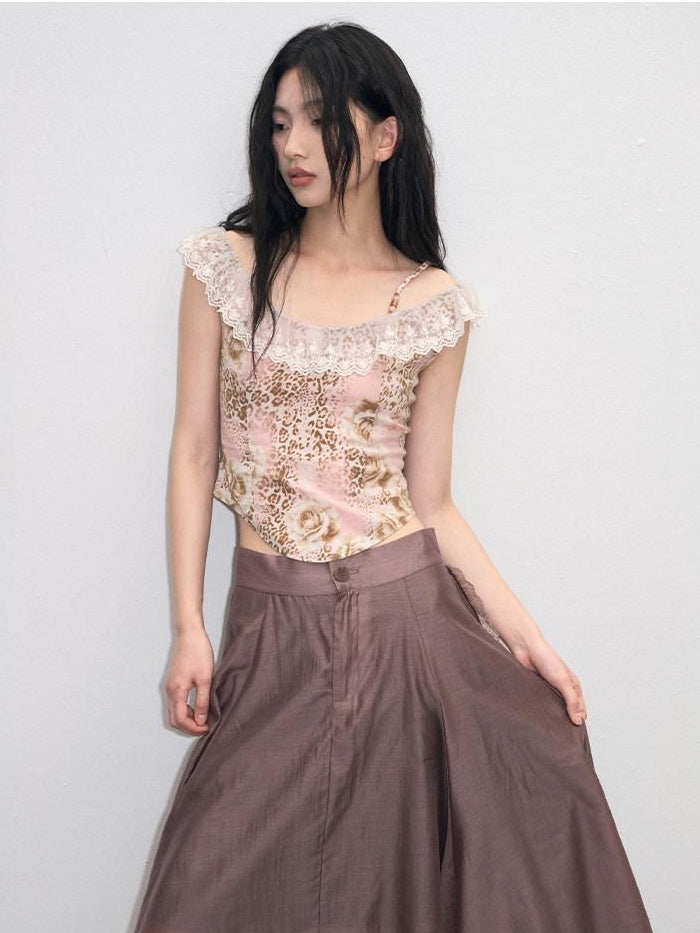 lvetong Lace Ruched A Line Mid Waist Loose Street Sporty Casual Young Women Midi Skirts