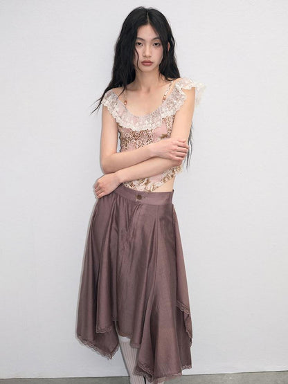 lvetong Lace Ruched A Line Mid Waist Loose Street Sporty Casual Young Women Midi Skirts